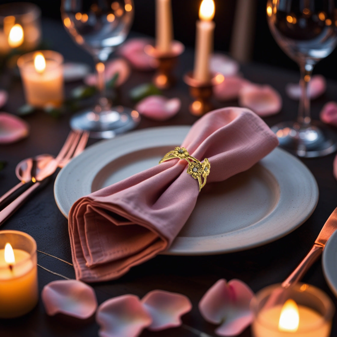 Napkin Rings in Gold Flower Design - Set of 4