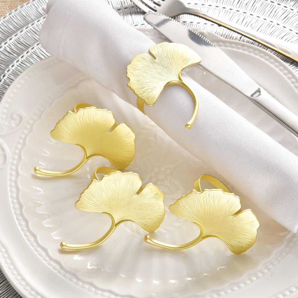 Auric Bloom – Napkin Rings in Gold Leaf Design, Stylish Decorative Dining Table Accent