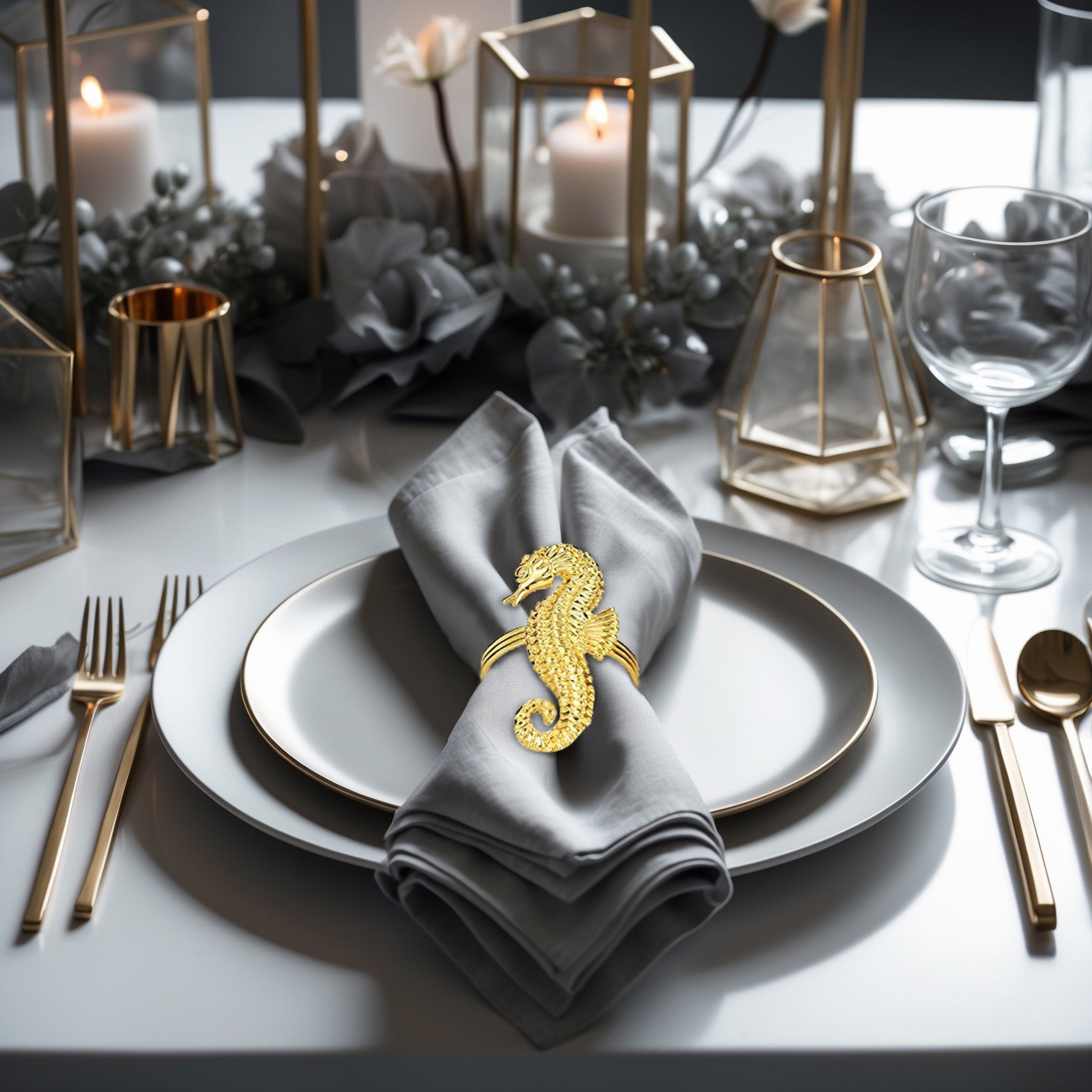 Ocean Majesty – Napkin Rings in Gold Sea Horse Design, Luxurious Decorative Dining Table Accent