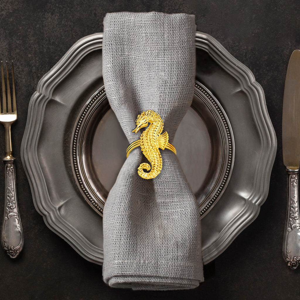 Ocean Majesty – Napkin Rings in Gold Sea Horse Design, Luxurious Decorative Dining Table Accent