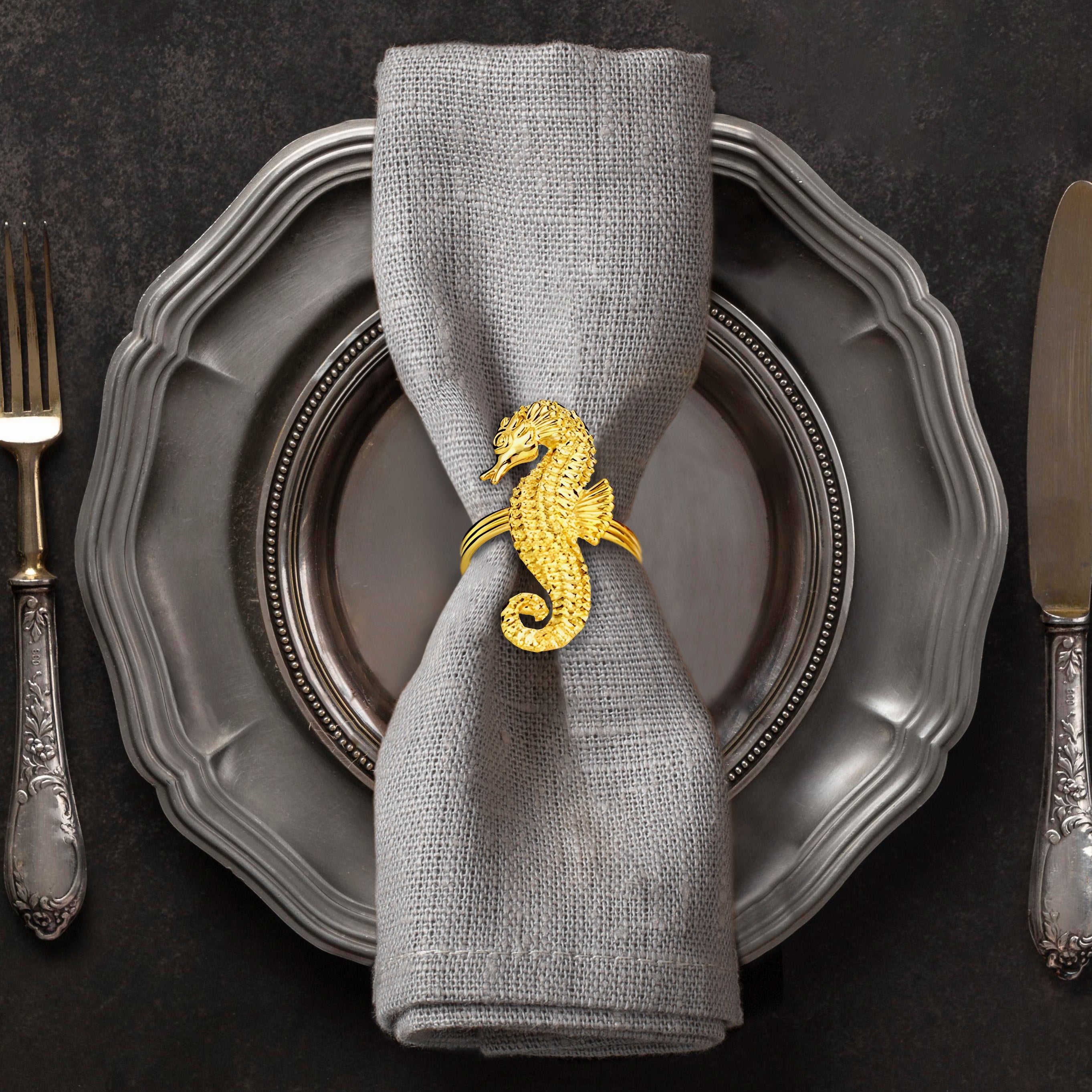 Ocean Majesty – Napkin Rings in Gold Sea Horse Design, Luxurious Decorative Dining Table Accent