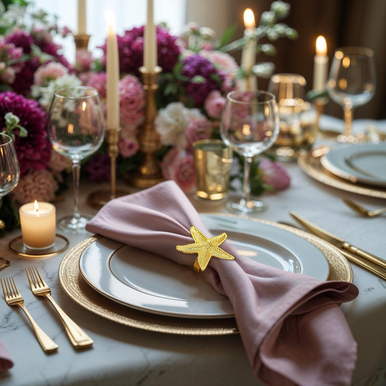 Golden Star – Napkin Rings in Gold Star Fish Design, Elegant Decorative Dining Table Décor