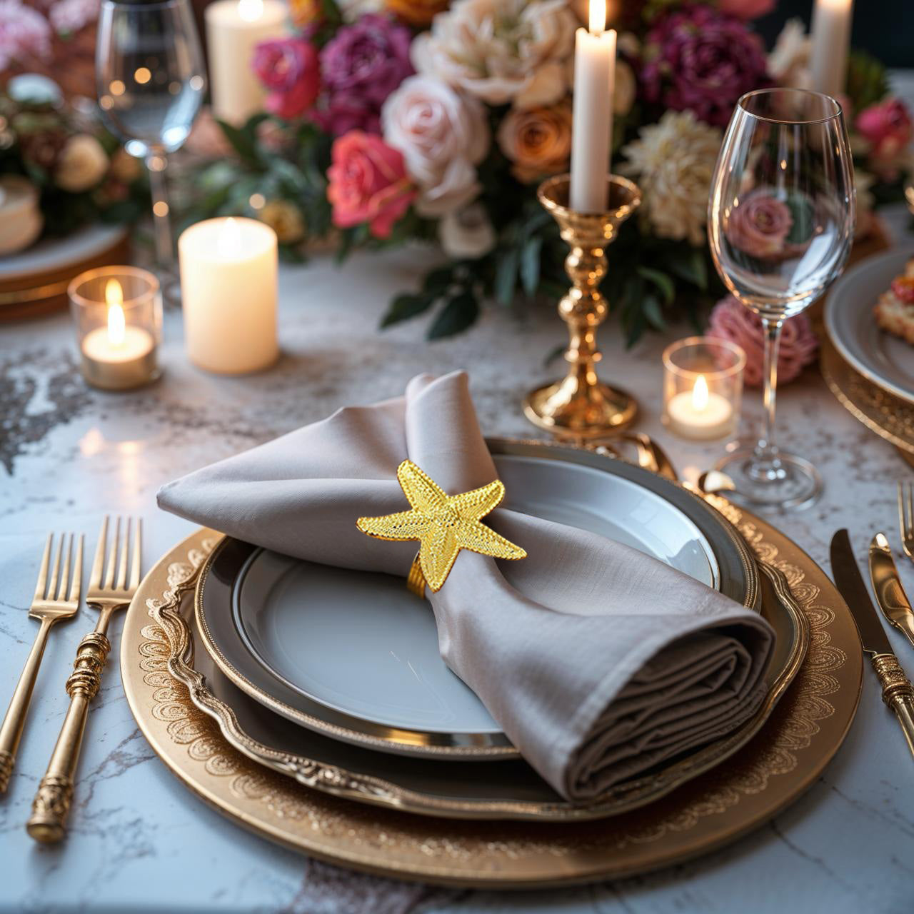 Golden Star – Napkin Rings in Gold Star Fish Design, Elegant Decorative Dining Table Décor