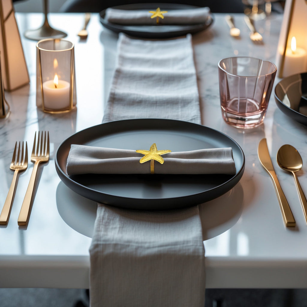 Golden Star – Napkin Rings in Gold Star Fish Design, Elegant Decorative Dining Table Décor