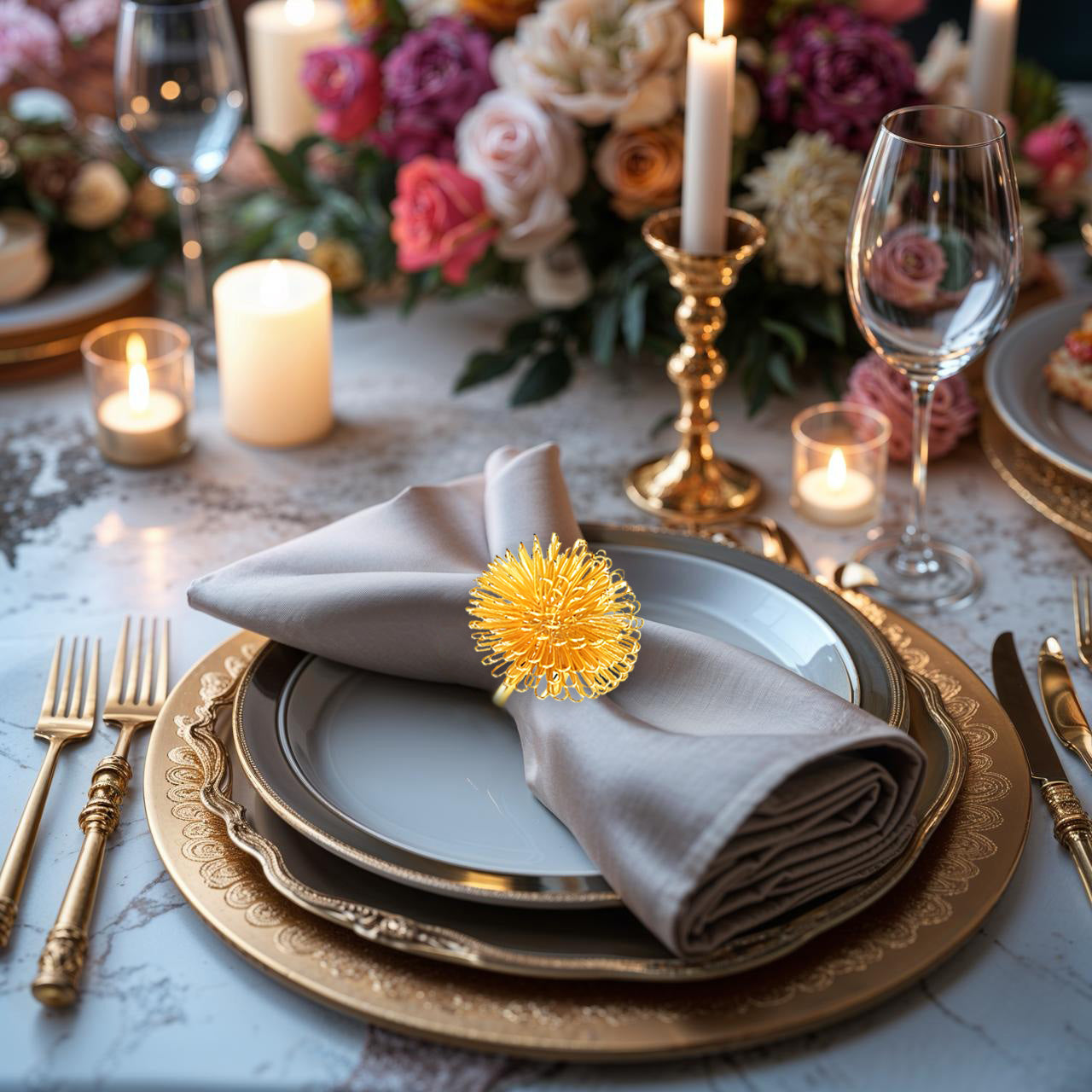 Floral Grace – Napkin Rings in Gold Floral Design, Artistic Decorative Dining Table Accent