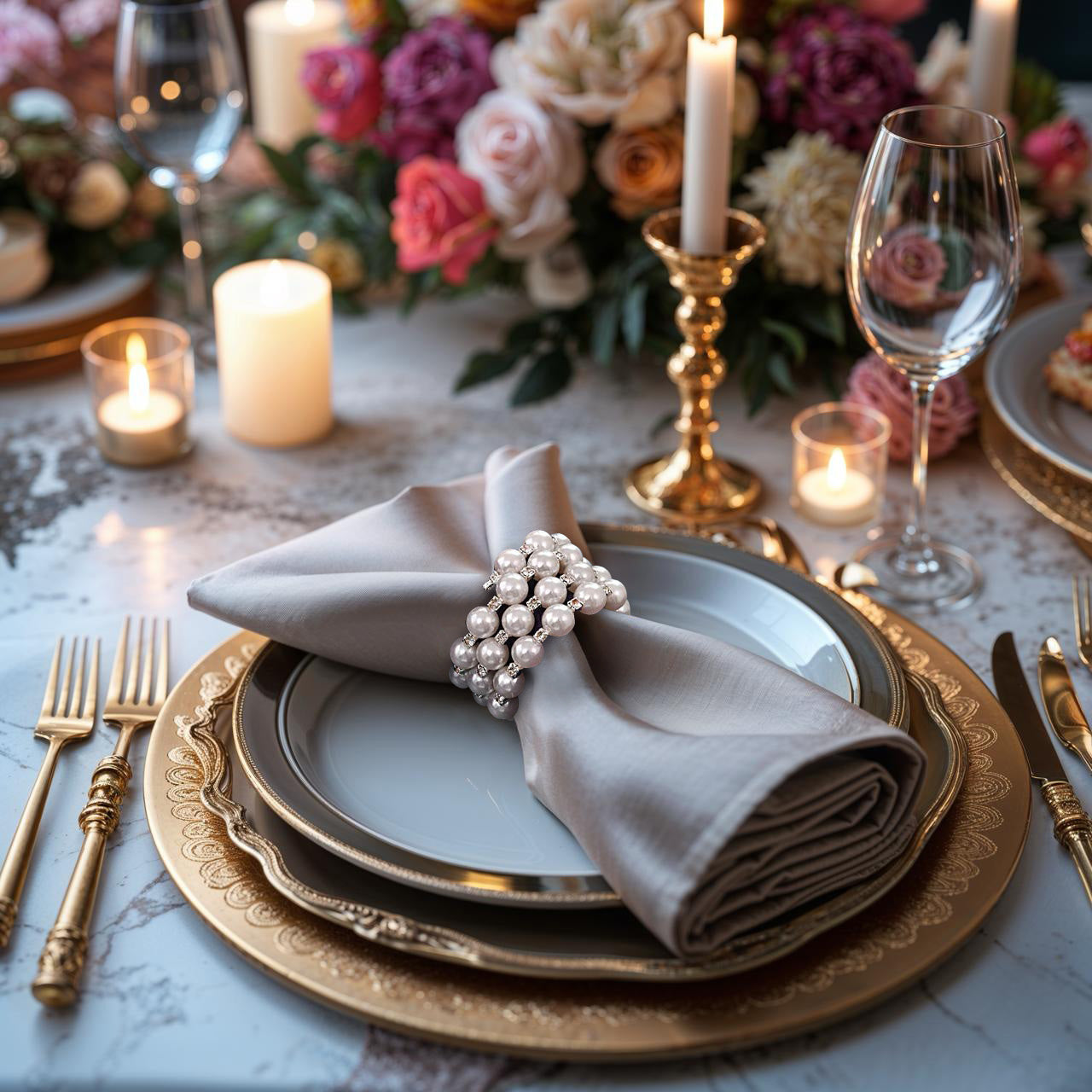 Pearl Majesty – Napkin Rings in Silver Pearl Crystal Design, Luxurious Decorative Dining Table Accent
