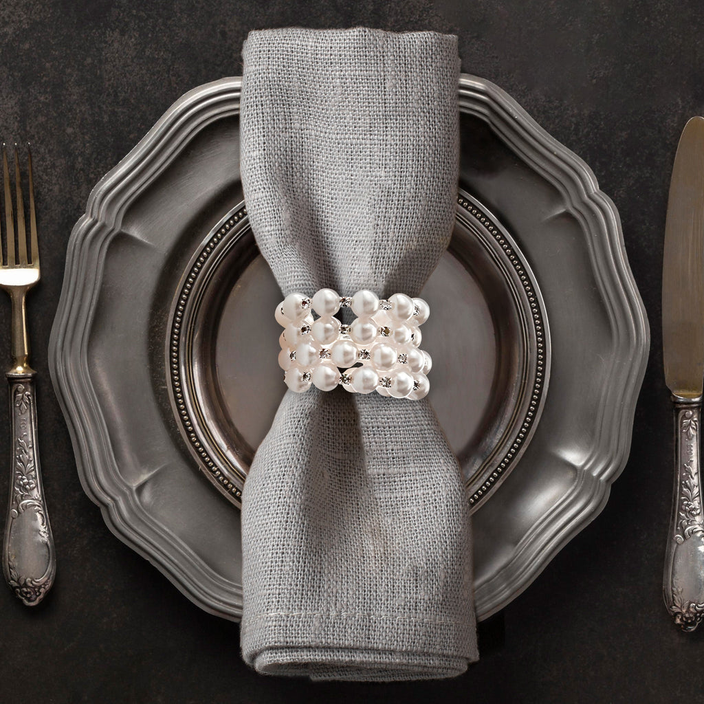 Pearl Majesty – Napkin Rings in Silver Pearl Crystal Design, Luxurious Decorative Dining Table Accent