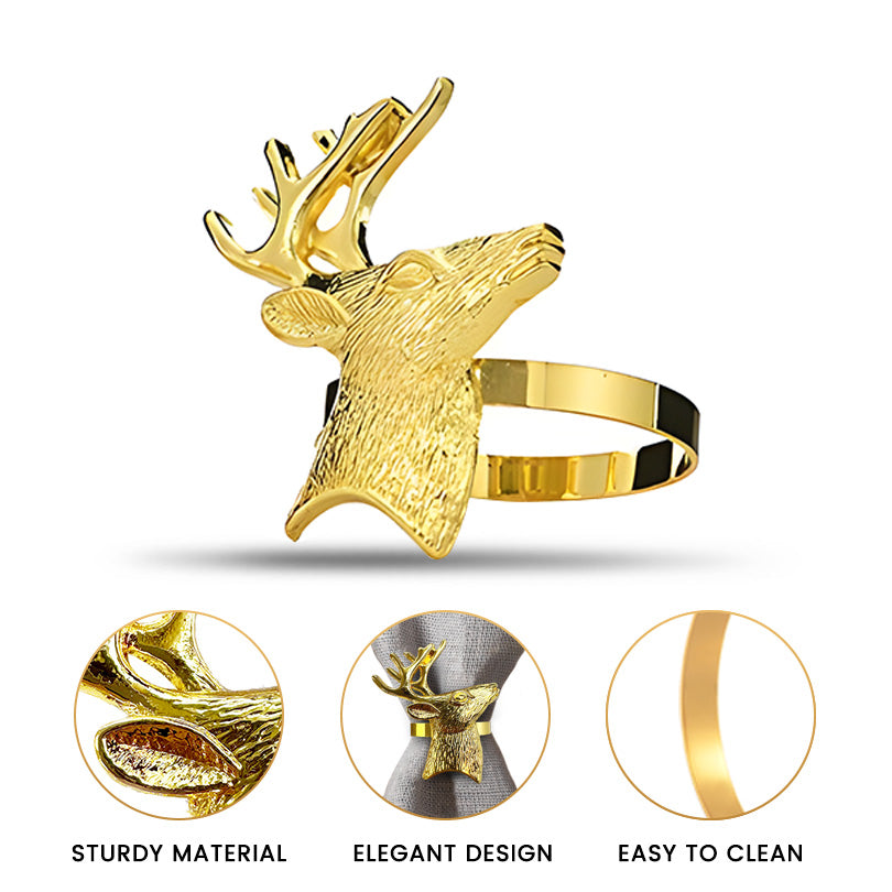 Festive Charm – Napkin Rings in Gold Reindeer Design, Artistic Decorative Dining Table Décor