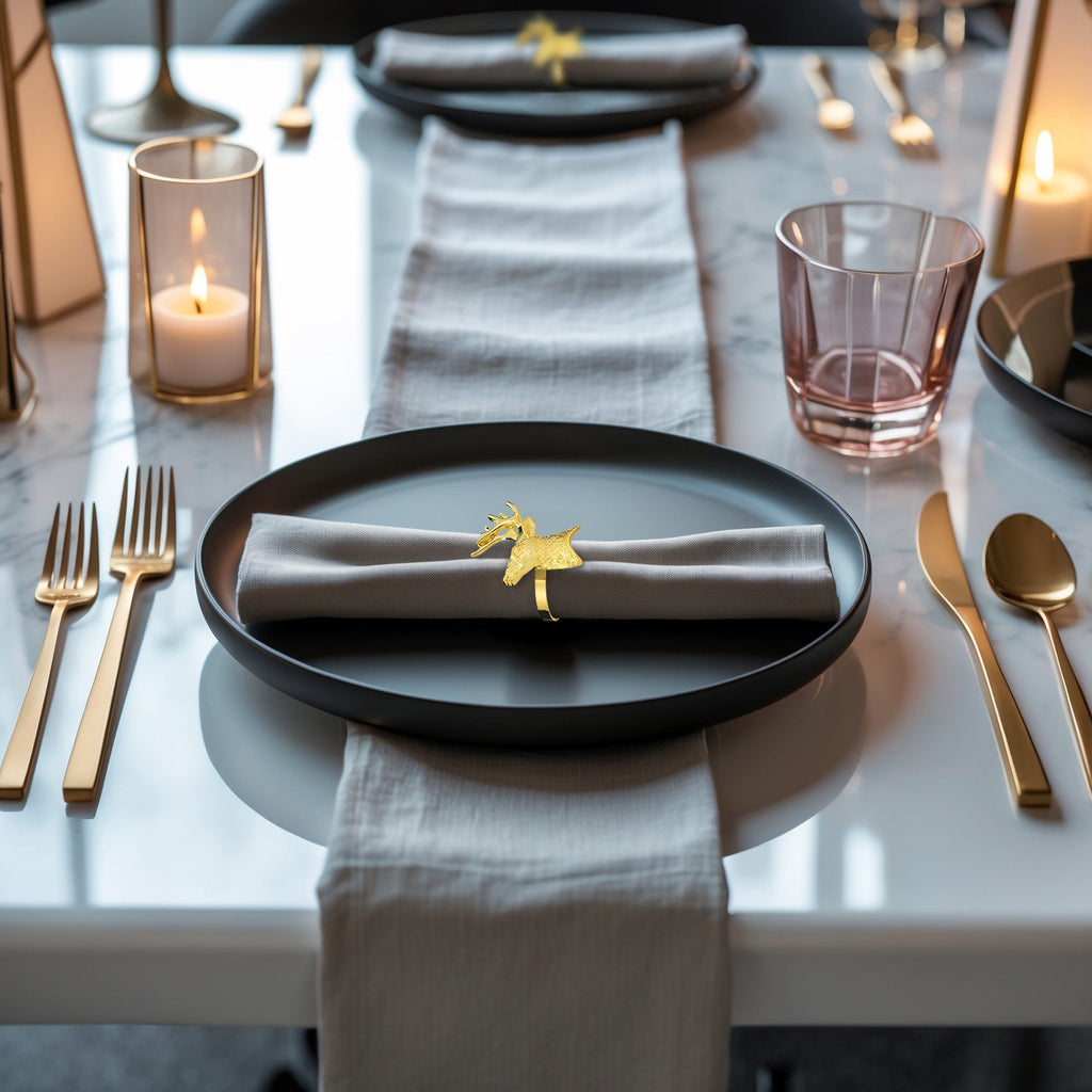 Festive Charm – Napkin Rings in Gold Reindeer Design, Artistic Decorative Dining Table Décor