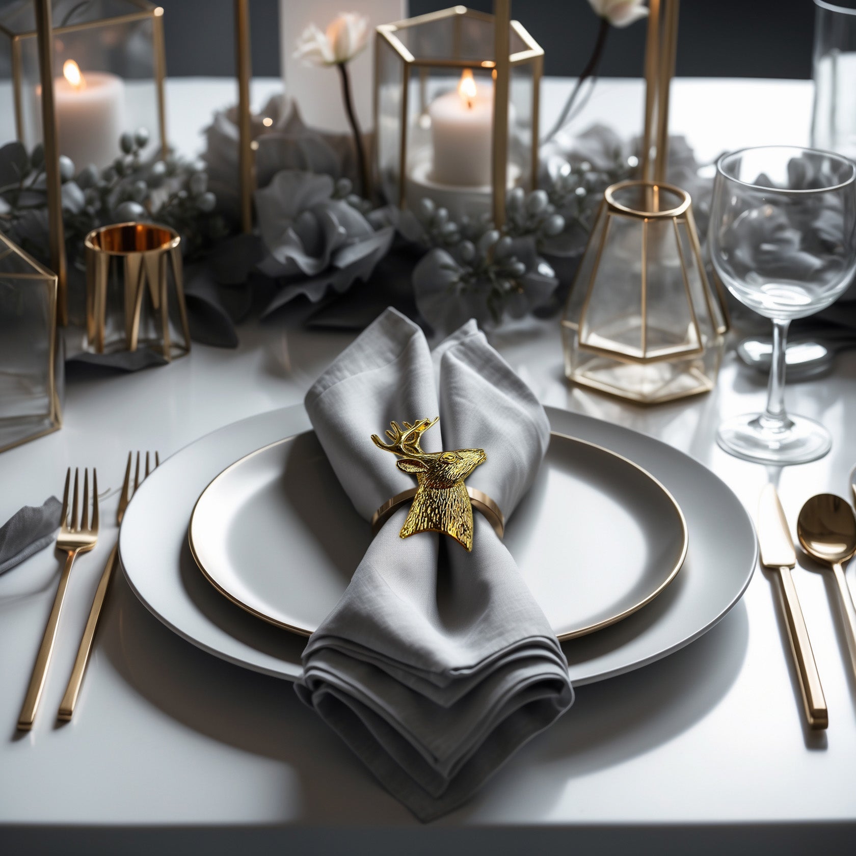 Festive Charm – Napkin Rings in Gold Reindeer Design, Artistic Decorative Dining Table Décor