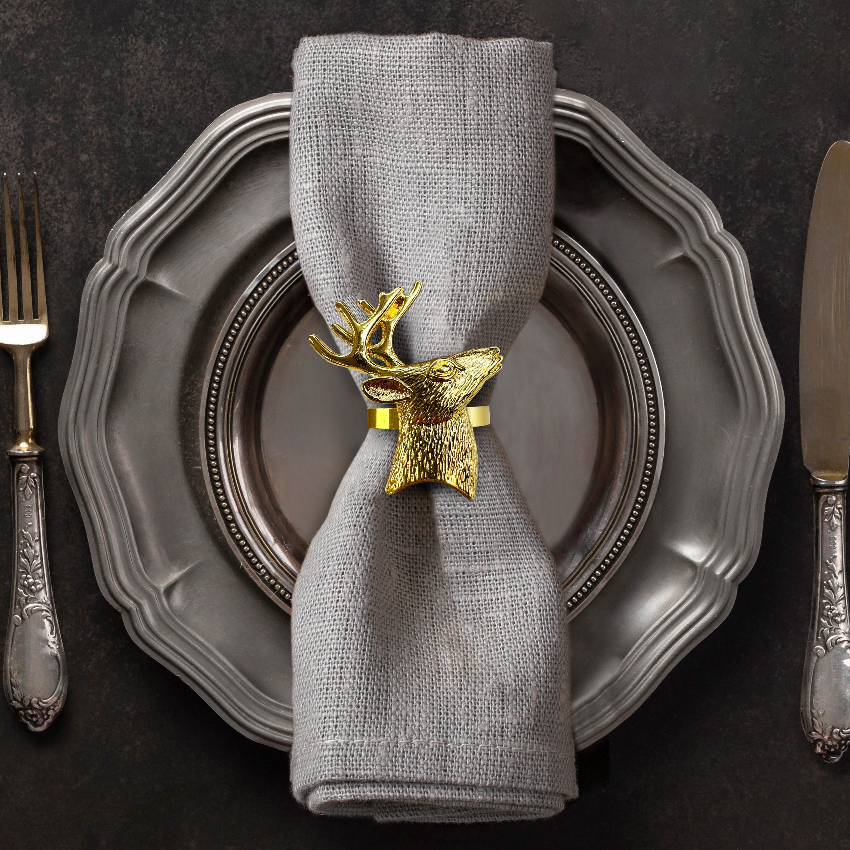 Festive Charm – Napkin Rings in Gold Reindeer Design, Artistic Decorative Dining Table Décor
