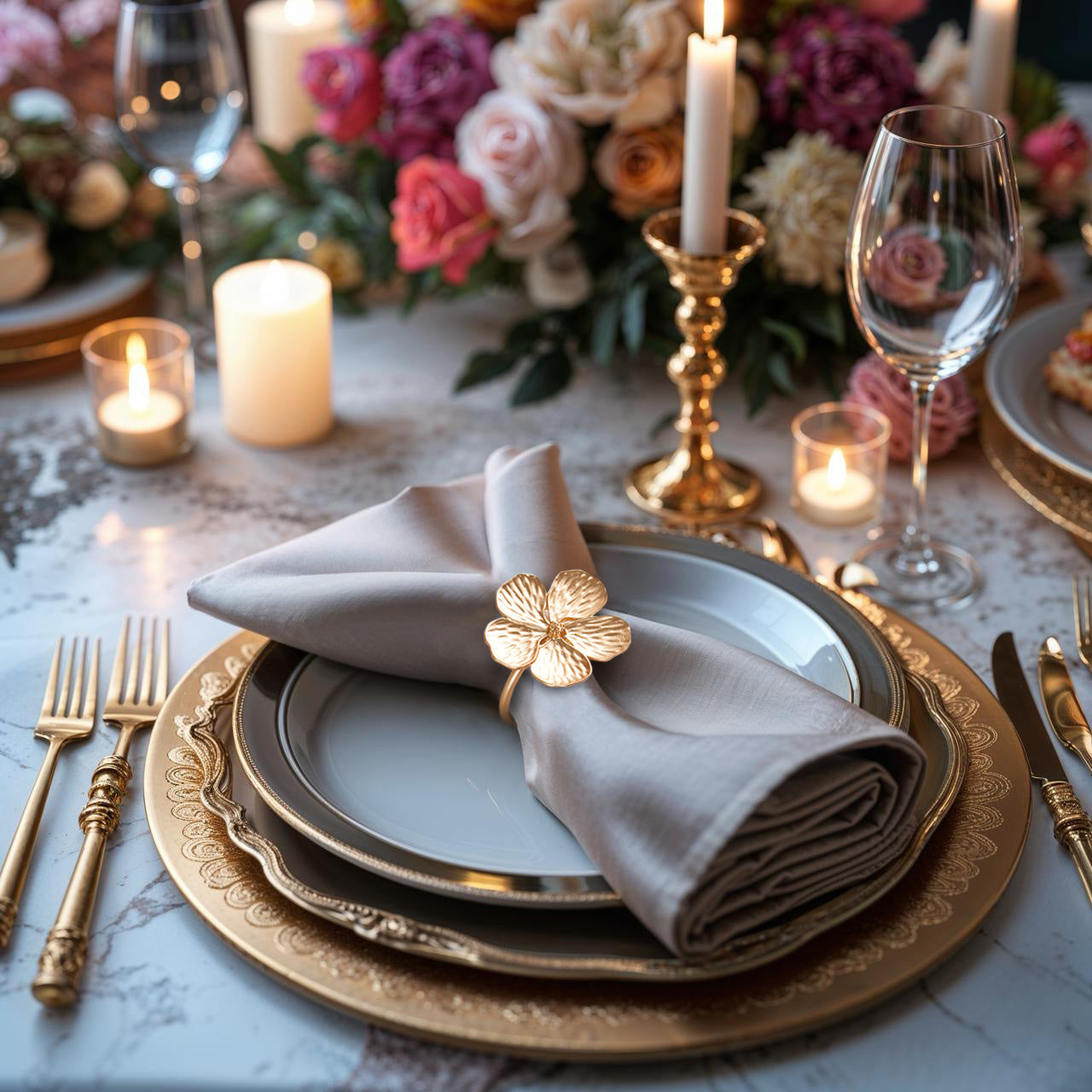 Golden Elegance – Napkin Rings in Gold Floral Design, Luxurious Decorative Dining Table Décor