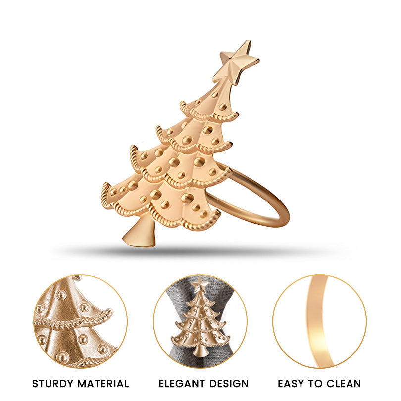 Golden Noel – Napkin Rings in Gold Christmas Tree Design, Elegant Decorative Dining Table Décor