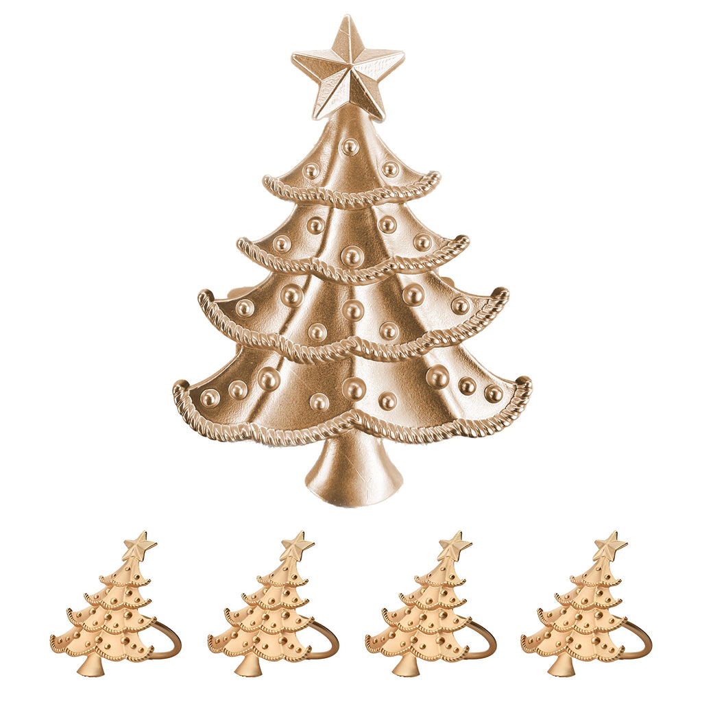 Golden Noel – Napkin Rings in Gold Christmas Tree Design, Elegant Decorative Dining Table Décor