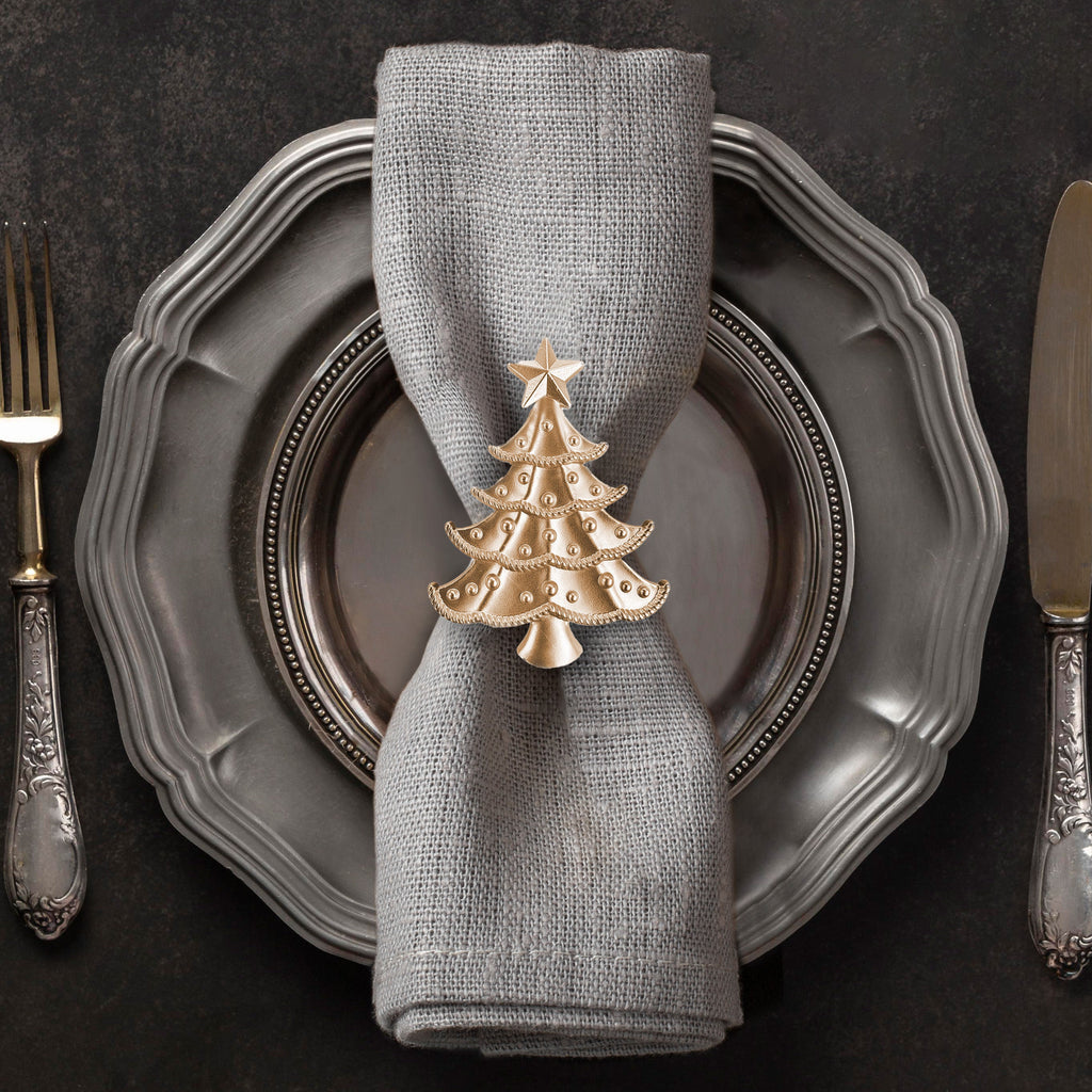 Golden Noel – Napkin Rings in Gold Christmas Tree Design, Elegant Decorative Dining Table Décor