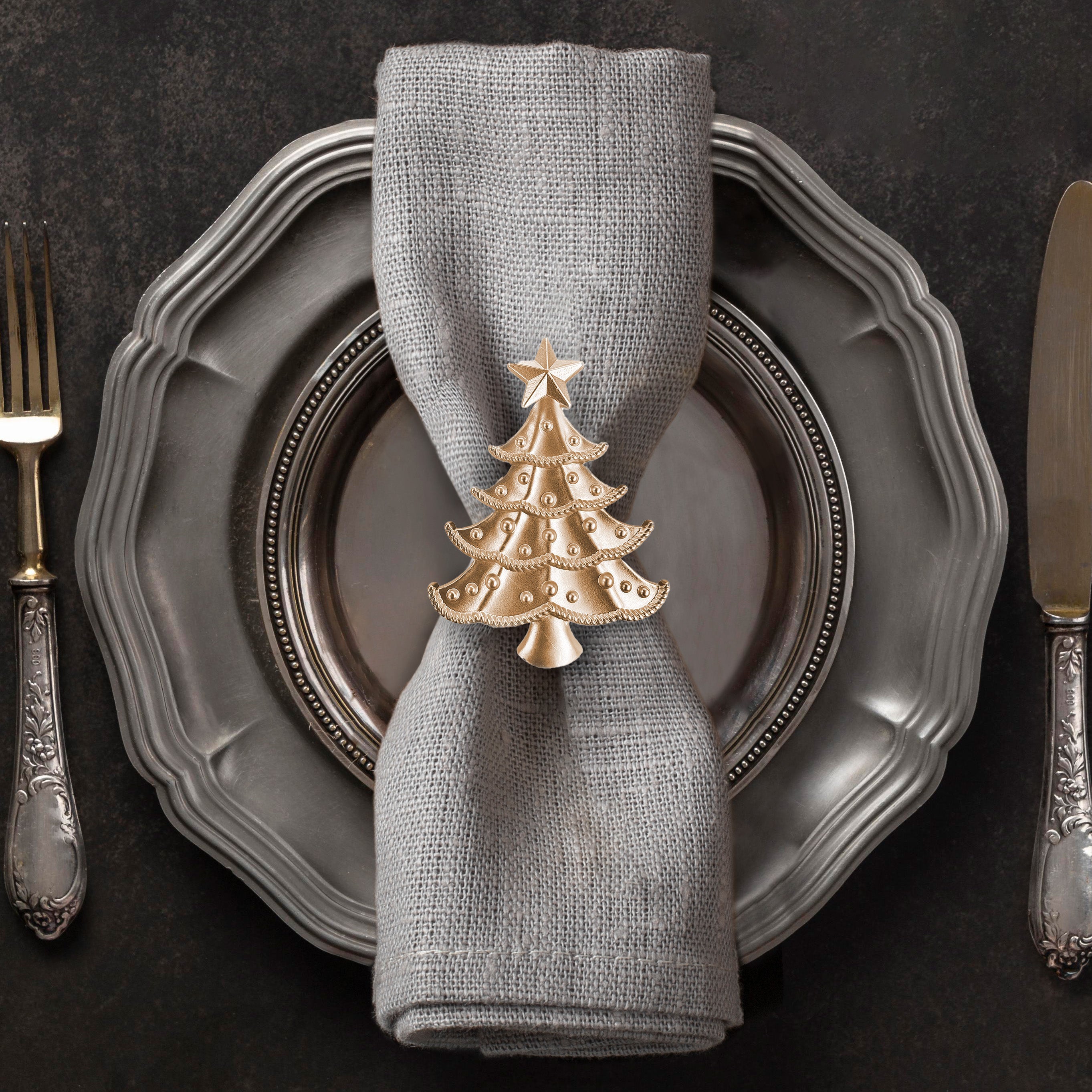Golden Noel – Napkin Rings in Gold Christmas Tree Design, Elegant Decorative Dining Table Décor