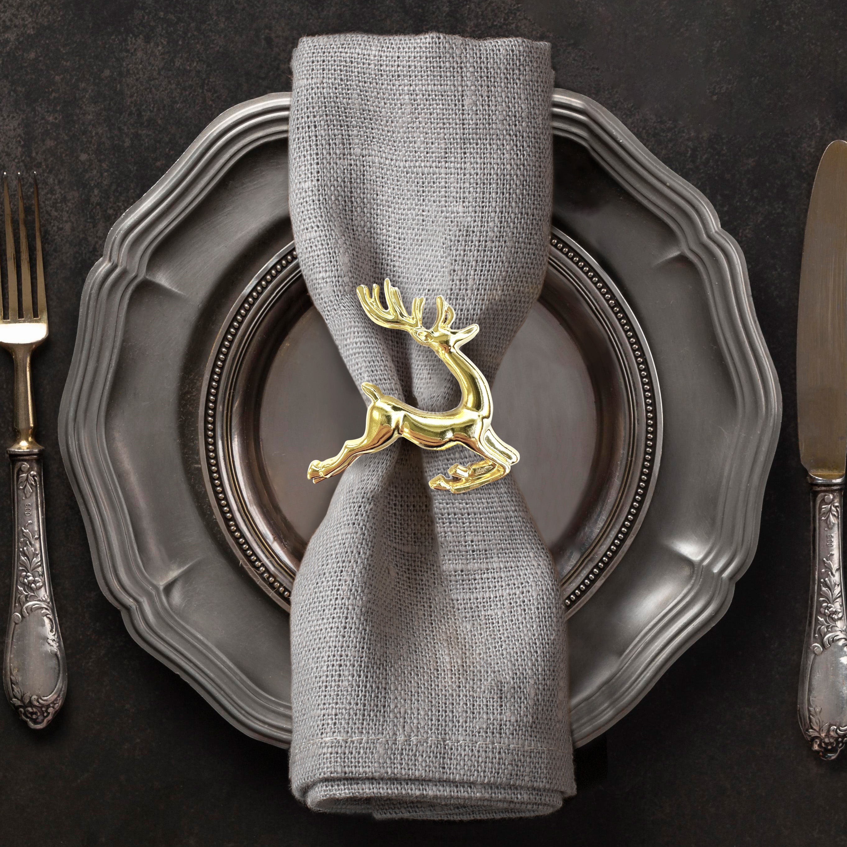 Golden Reindeer – Napkin Rings in Gold Reindeer Design, Elegant Decorative Dining Table Décor